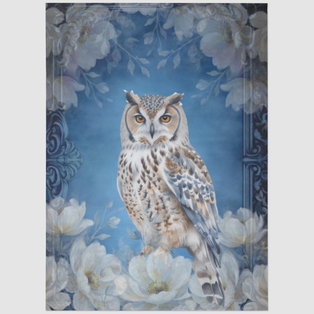 Große Weiße Florale Scheune Eule Decoupage Seidenpapier (Vorderseite)