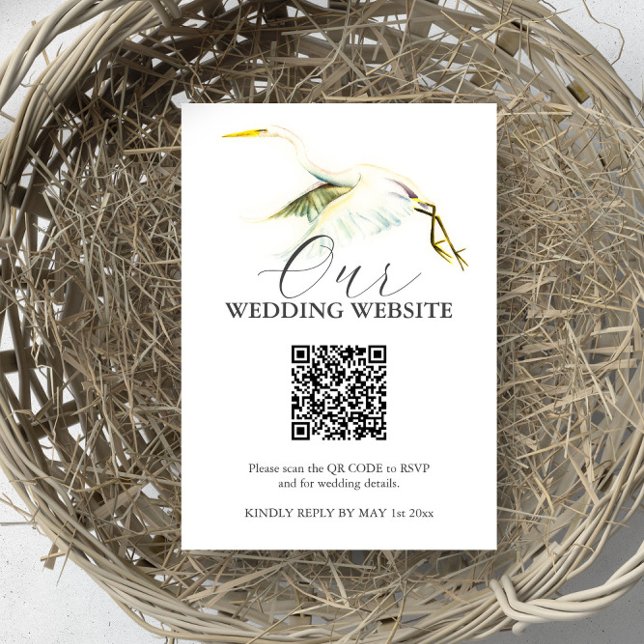 Große weiße Heron-Hochzeitskarte Begleitkarte (Wedding website card with QR code watercolor tropical bird art by Victoria Grigaliunas DoTellABelle)