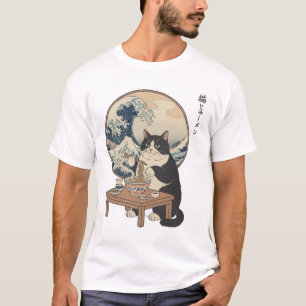 Große Welle Japanische Katze isst Ramen Lustige Ku T-Shirt