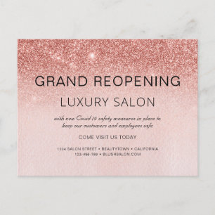 Große Wiedereröffnung Rose Gold Glitzer Salon Ankündigungspostkarte
