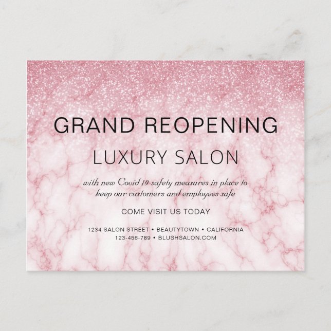 Große Wiedereröffnung Rose Gold Glitzer Salon Ankündigungspostkarte (Vorderseite)