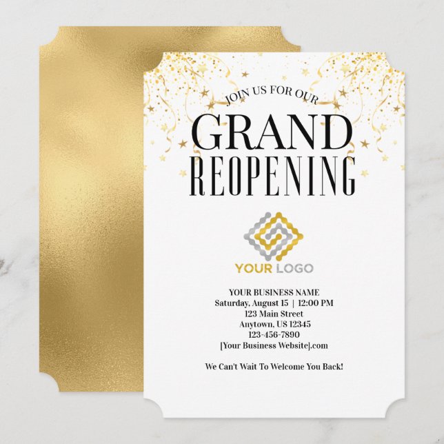 Große Wiederöffnungs-Logo-Imitate Gold Confetti Einladung (Vorne/Hinten)