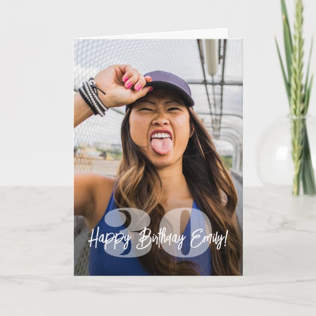 Große Zahlen Foto Overlay Happy Birthday Script Karte (Vorderseite)