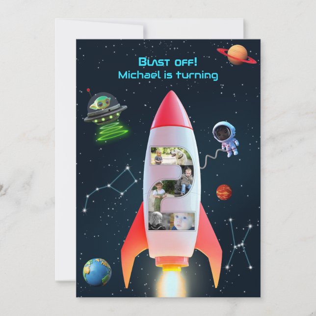 Große zwei FotoCollage | Rocket Space 2. Geburtsta Einladung (Vorderseite)