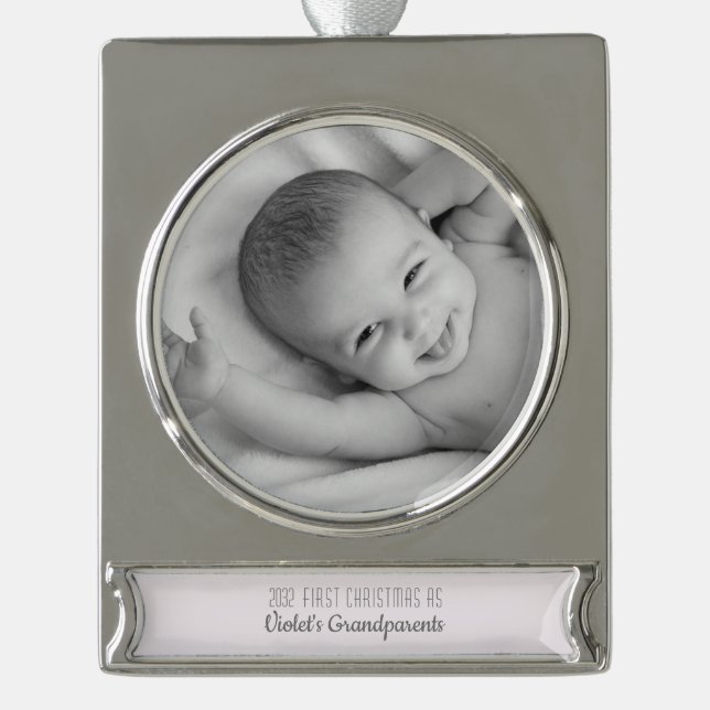 Großeltern 1 Foto Personalisierter Weihnachtsname Banner-Ornament Silber (Vorderseite)