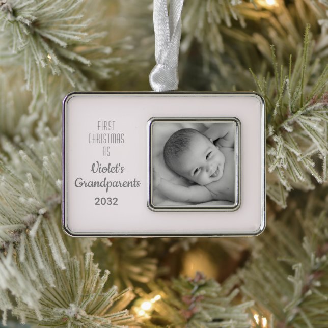 Großeltern 1 Foto Personalisierter Weihnachtsname Rahmen-Ornament Silber (Baum)