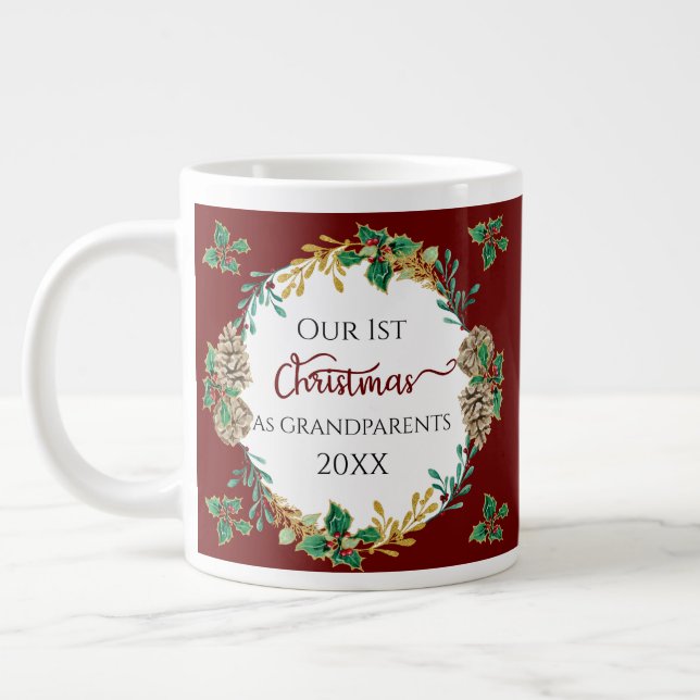 Großeltern 1. Weihnachtsfest Foto Holly Pine Cones Jumbo-Tasse (Links)