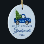 Großeltern Christmas Blue Truck FOTO BACK Keramik Ornament<br><div class="desc">Unsere ersten Weihnachtsgroßeltern Wasserfarbener Vintager LKW mit Weihnachtsbaumschmuck - Blau mit Foto zurück</div>