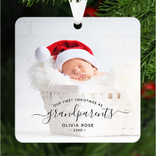 Großeltern Erstes Weihnachtsfoto Schwarze Schrift Ornament Aus Metall