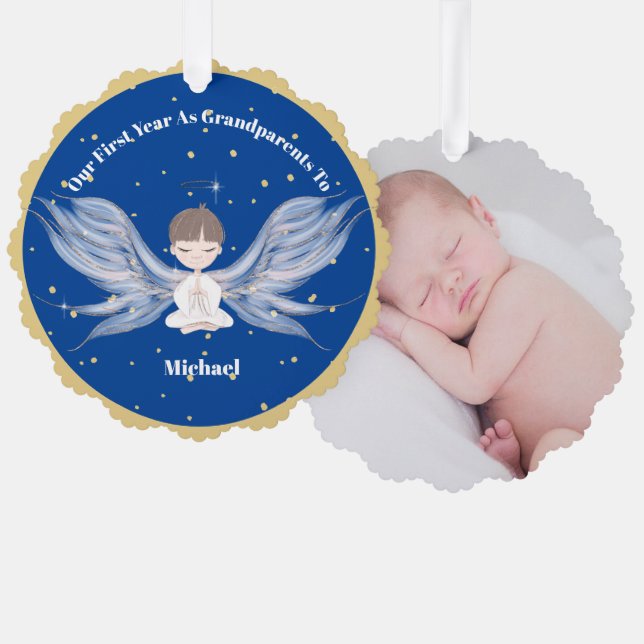 Großeltern Erstweihnachtliches Foto Angel Gold Blu Ornament Karte (Vorderseite/Rückseite)