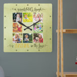 Großeltern Foto Collage Rustic Green Watercolor Quadratische Wanduhr<br><div class="desc">Erstellen Sie Ihre eigene, einzigartige Wanduhr für Großeltern mit 8 Ihrer bevorzugten Fotos. Handschrift in schöner Kalligrafie, lautet die Formulierung "ein Enkellachen ist Sonnenschein im Haus". Das Design hat eine weiche grüne Aquarellfarbe mit Olivgrün und gelber Typografie. Ihre Bilder werden in quadratischem Format dargestellt und sind brüchig.Die Vorlage ist für...</div>