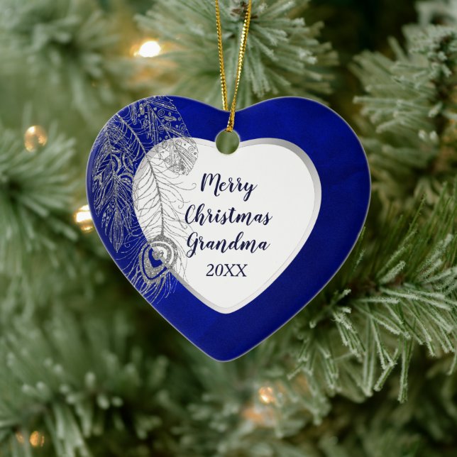 Großeltern Silver Feather Blue Herz Weihnachten Keramik Ornament (Baum)