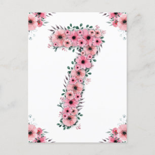 Großer 7. Geburtstag Rosa Blumen Mädchen Grüne Blä Postkarte