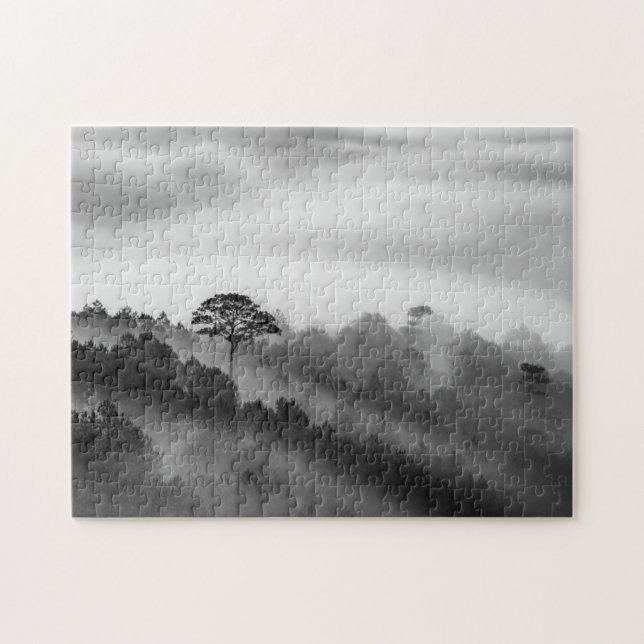 Großer Baum im Kiefern-Wald im Nebel (Horizontal)