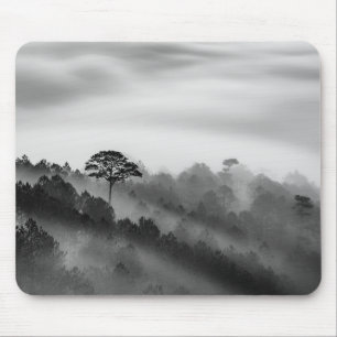 Großer Baum im Kiefern-Wald im Nebel Mousepad