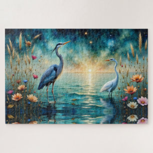 Großer blauer Reiher und Egret Blumen im Wasser