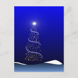 Großer blauer Weihnachtsbaum mit goldenen Sternen Feiertagspostkarte