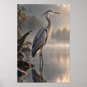 Großer Blaureiher in nebligem Wasser - Wildlife-Wa Poster