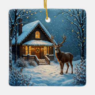 Großer Bock besucht ein verschneites Weihnachten Keramikornament