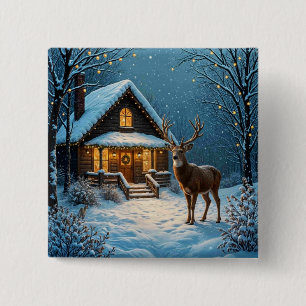 Großer Bock besucht ein verschneites Weihnachtsfes Button
