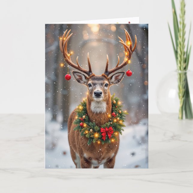 Großer Bock mit leuchtendem Weihnachtskranz Karte (Vorderseite)