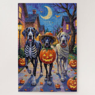 Großer Däne, der an Halloween Süßigkeiten sammelt