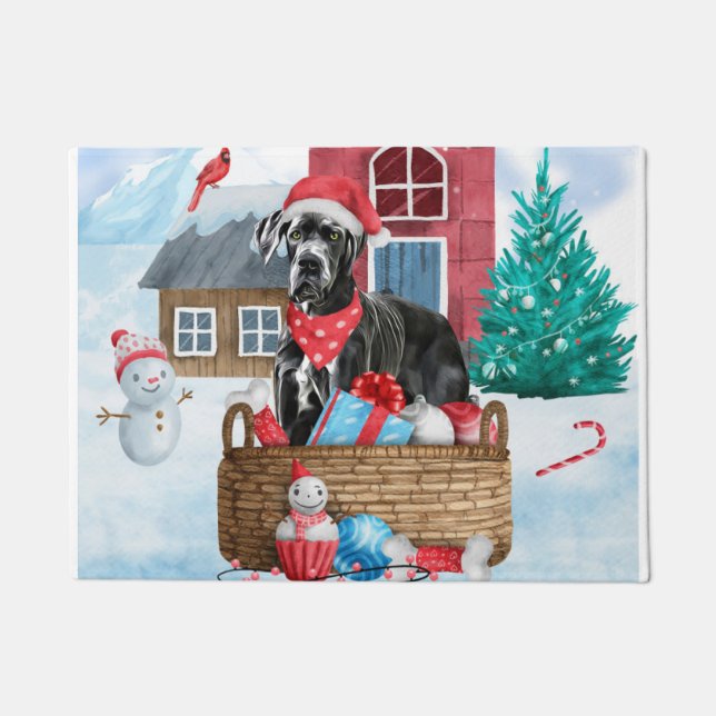 Großer Dane Hund im Schnee Weihnachtshundehaus Fußmatte (Vorderseite)
