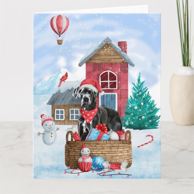 Großer Dane Hund im Schnee Weihnachtshundehaus Karte (Vorderseite)