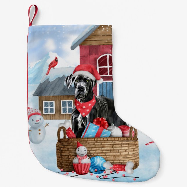 Großer Dane Hund im Schnee Weihnachtshundehaus Kleiner Weihnachtsstrumpf (Vorderseite)