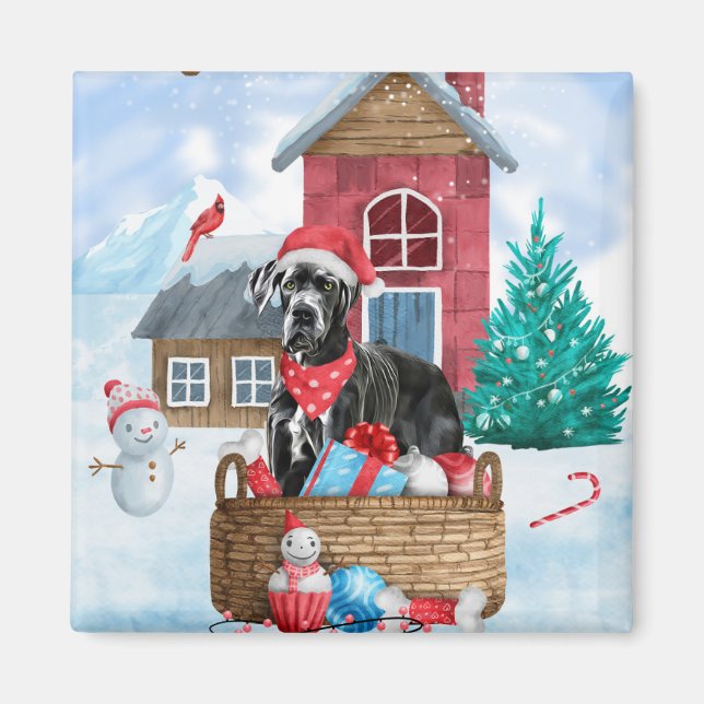 Großer Dane Hund im Schnee Weihnachtshundehaus Magnet (Vorne)