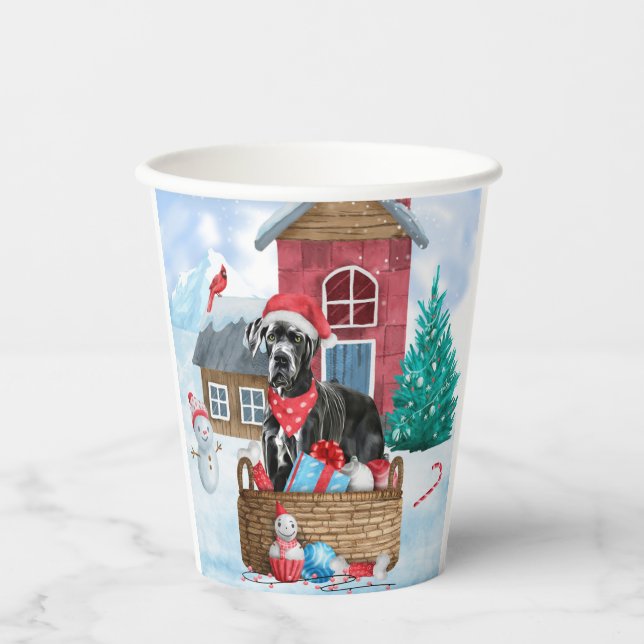 Großer Dane Hund im Schnee Weihnachtshundehaus Pappbecher (Vorderseite)