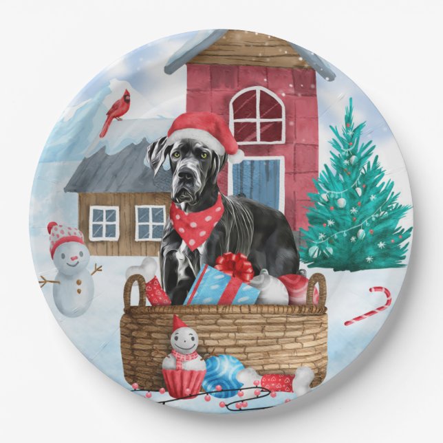 Großer Dane Hund im Schnee Weihnachtshundehaus Pappteller (Vorderseite)