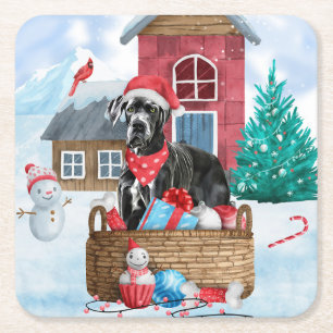 Großer Dane Hund im Schnee Weihnachtshundehaus Rechteckiger Pappuntersetzer
