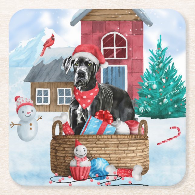 Großer Dane Hund im Schnee Weihnachtshundehaus Rechteckiger Pappuntersetzer (Vorderseite)