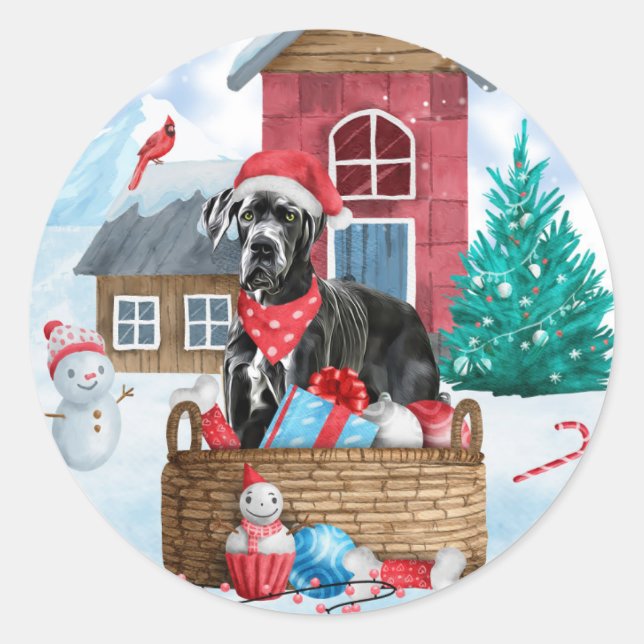 Großer Dane Hund im Schnee Weihnachtshundehaus Runder Aufkleber (Vorderseite)
