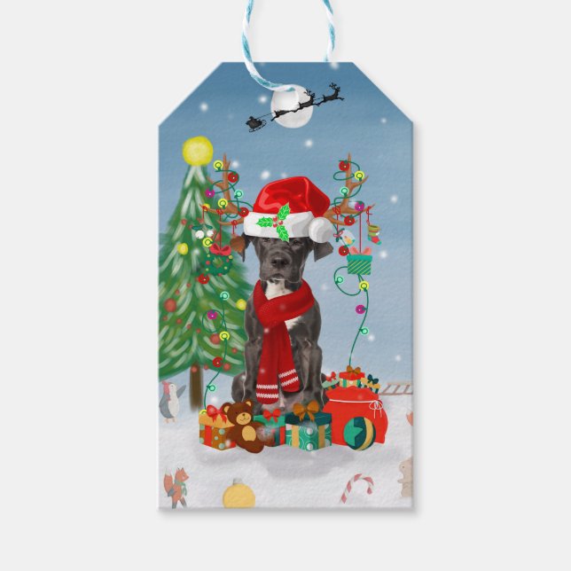 Großer Dane Hund mit Weihnachtsgeschenken Geschenkanhänger (Vorderseite)