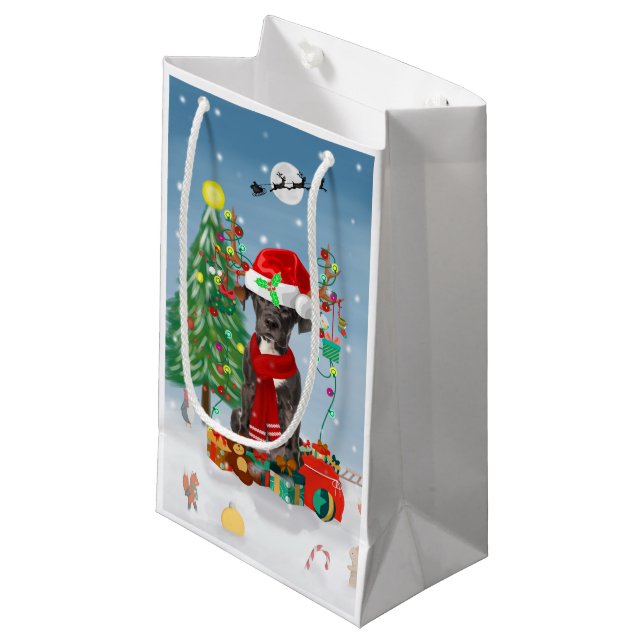 Großer Dane Hund mit Weihnachtsgeschenken Kleine Geschenktüte (Vorderseite Schrägansicht)