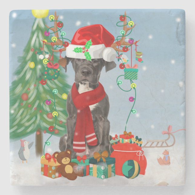 Großer Dane Hund mit Weihnachtsgeschenken Steinuntersetzer (Vorderseite)