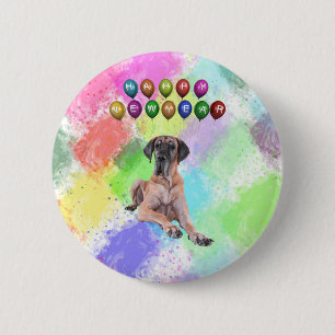 Großer Dane Hund wünscht Glück im neuen Jahr Button