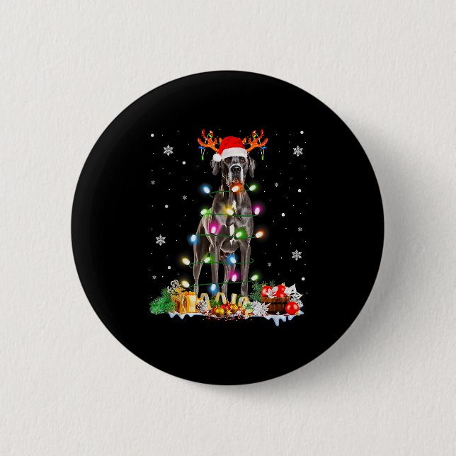Großer Däne Weihnachten Santa Hut Feenlichter Pyja Button (Vorderseite)