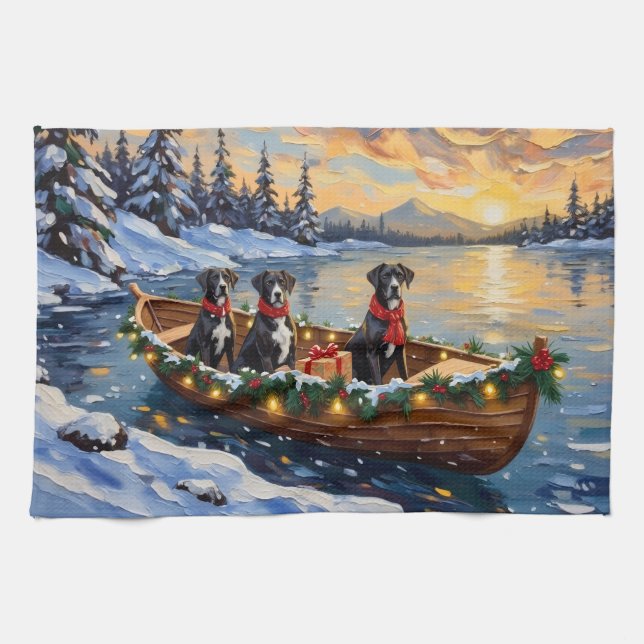 Großer Däne Weihnachtsboot Urlaub Geschirrtuch (Horizontal)