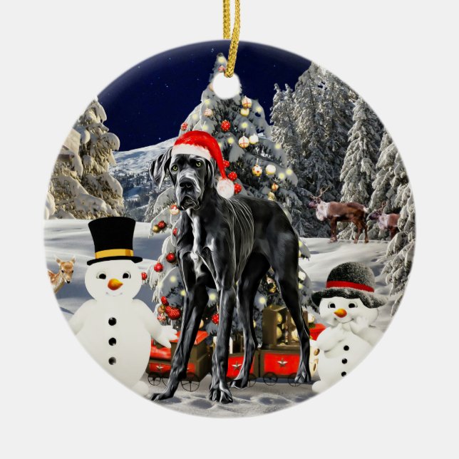 Großer Dänen-Hund im Schnee Weihnachtshut leuchtet Keramik Ornament (Vorne)
