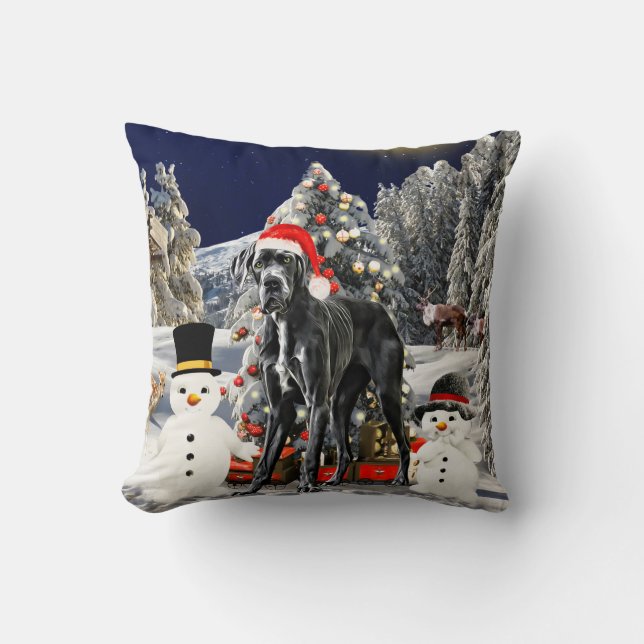 Großer Dänen-Hund im Schnee Weihnachtshut leuchtet Kissen (Vorderseite)
