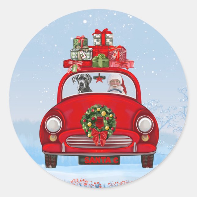 Großer Dänen-Hund in Auto mit dem Weihnachtsmann Runder Aufkleber (Vorderseite)