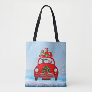 Großer Dänen-Hund in Auto mit dem Weihnachtsmann  Tasche