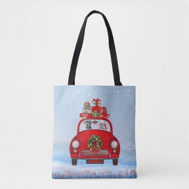 Großer Dänen-Hund in Auto mit dem Weihnachtsmann  Tasche (Vorderseite)