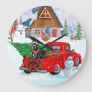 Großer Dänischer Hund in Weihnachtslieferwagen Sch Große Wanduhr