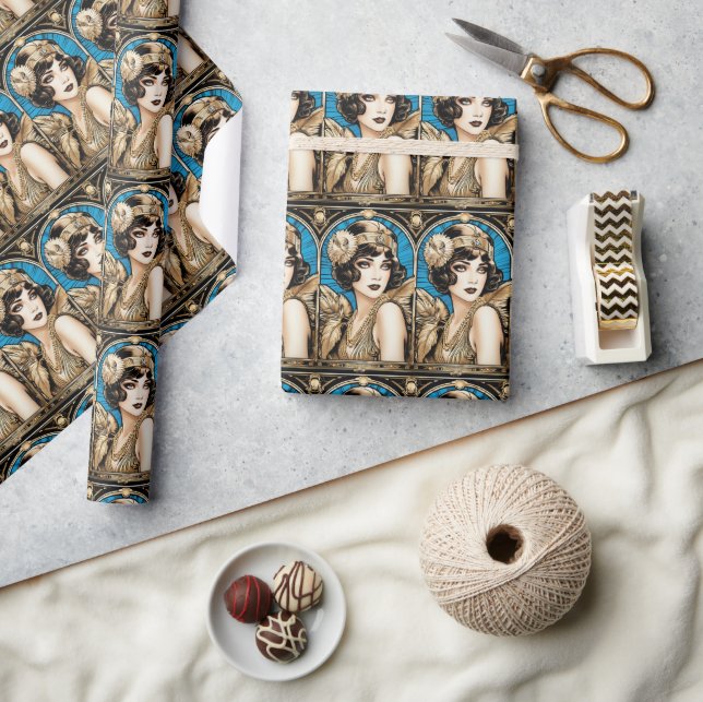 Großer Gatsby Flapper blaues Gold schwarz in den 1 Geschenkpapier (Kunsthandwerk)