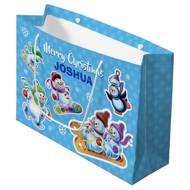 Grosser Glanzbeutel Winter Wonderland Snowfolk. Große Geschenktüte (Vorderseite Schrägansicht)