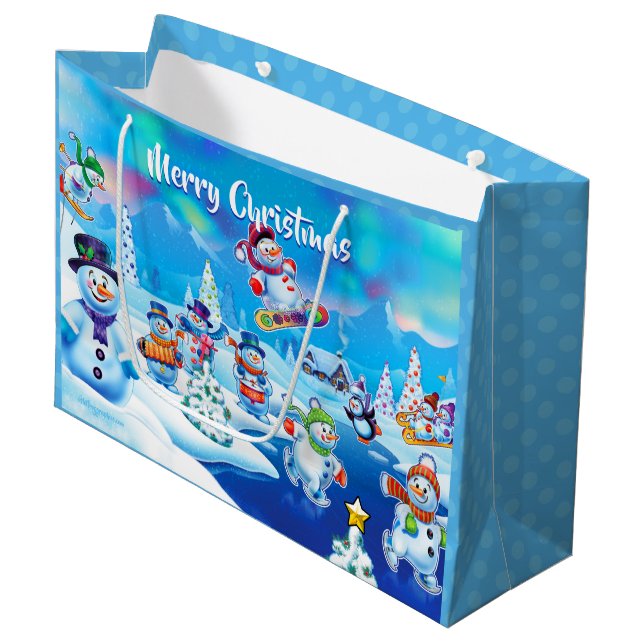 Grosser Glanzbeutel Winter Wonderland Snowfolk. Große Geschenktüte (Vorderseite Schrägansicht)